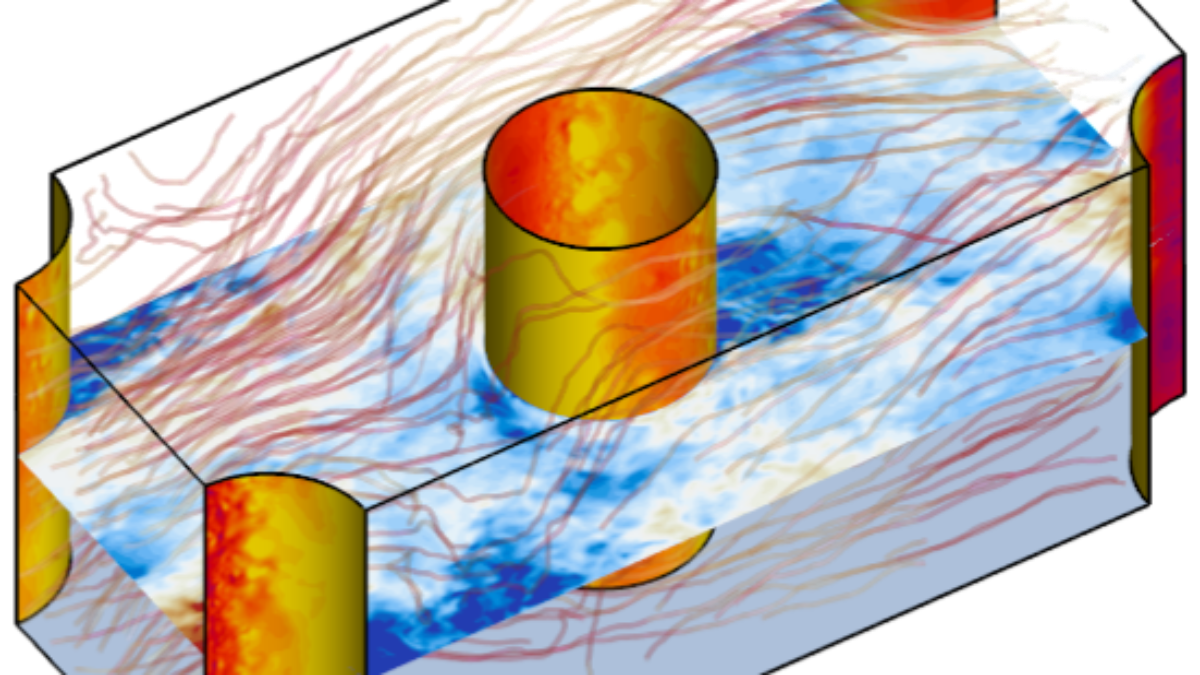 Strömungsfeld in einer Pin-Fin-Anordnung / Flow field in pin fin array. 